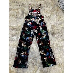 Love On A Hanger Overalls Womens Large Black Velour Christmas Kitty Cat Santa